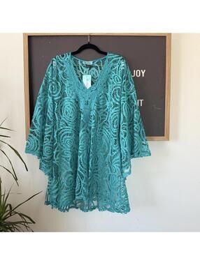 Rodeo Fox Teal Lace Tunic Top L/XL Boho Sheer Swim Cover Festival